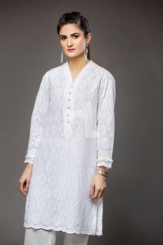 PS18-48 White Embroidered Stitched Chiken Shirt - 1PC