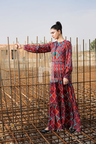 PS18-296 Red Digital Printed Stitched Micro Modal Long Fusion Dress - 1PC