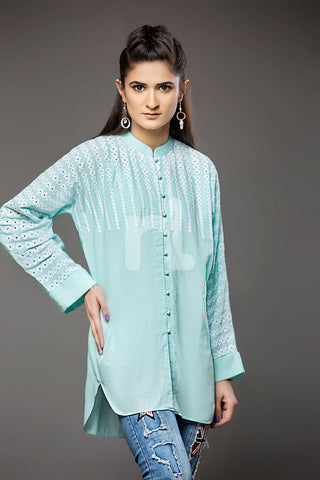 PS18-73 Aqua Embroidered Stitched Cotton Chiken Shirt- 1PC