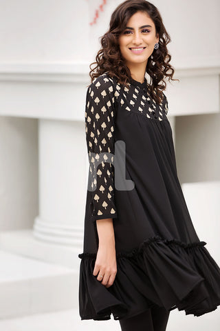 PS18-138 Black Embroidered Stitched Chiffon Frock - 1PC