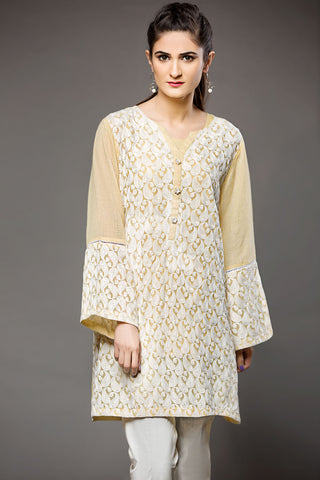 PS18-77 Yellow Embroidered Stitched Cotton Net Shirt - 1PC