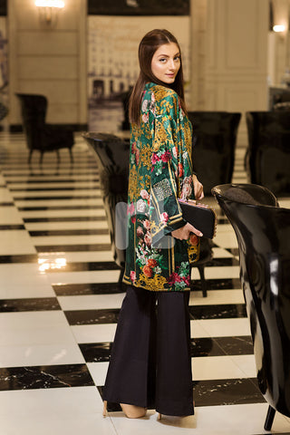 PS18-288 Green Digital Printed Stitched Silk Jacket - 1PC PS18-288 Green Digital Printed Stitched Silk Jacket - 1PC