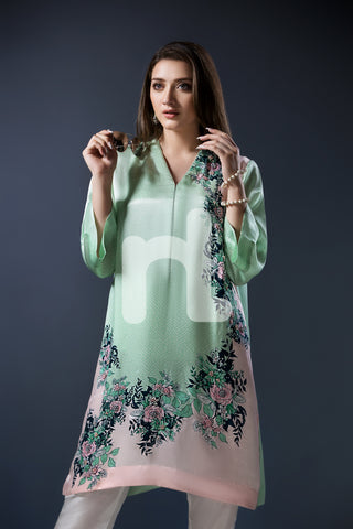 PE17-29 Green Digital Printed Stitched Silk Shirt- 1PC