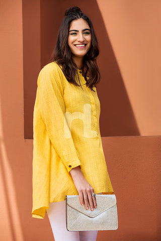 PE18-62 Yellow Printed Stitched Cotton Shirt- 1PC