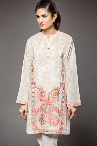 PS18-91 Off White Embroidered Stitched Cambric Shirt - 1PC