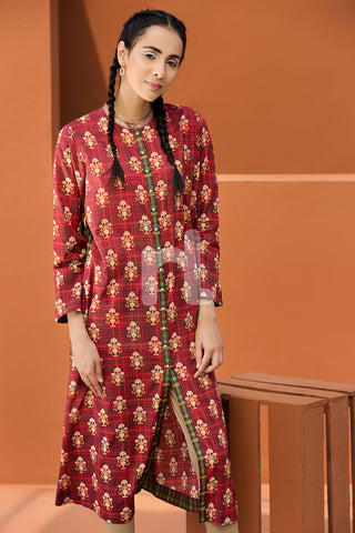 PE18-16 Maroon Digital Printed Stitched Lawn Long Dress- 1PC