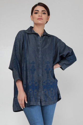 Embroidered Denim Button-Down Top